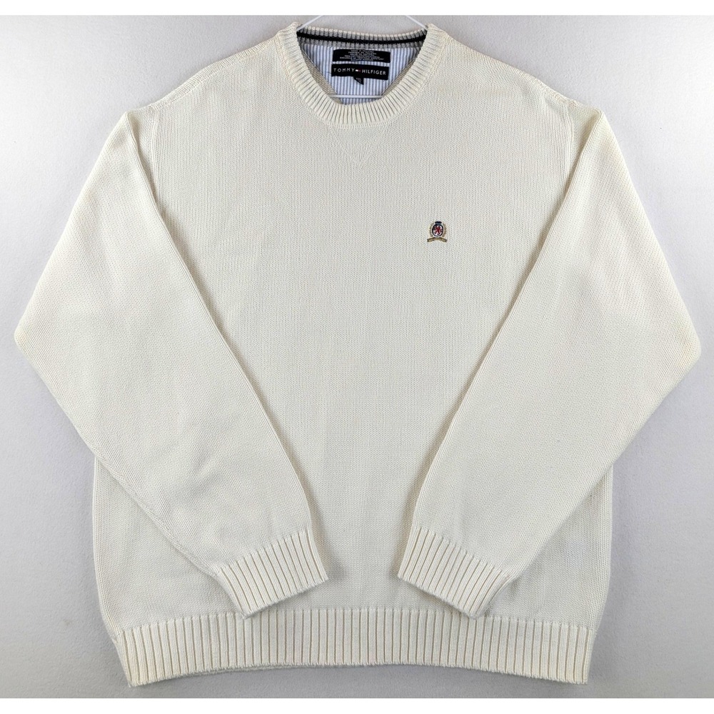 Vintage 90s Tommy Hilfiger Mens XXL Cream Cotton Crest Crewneck Sweater
